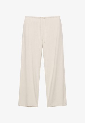 Pantalon beige à jambes larges avec taille élastique et cordon de serrage, fabriqué en tissu doux et léger.