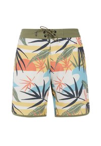 Shorts de bain pour hommes avec une ceinture à cordon de serrage verte, présentant un motif tropical de feuilles et de formes abstraites en jaune, bleu et orange.