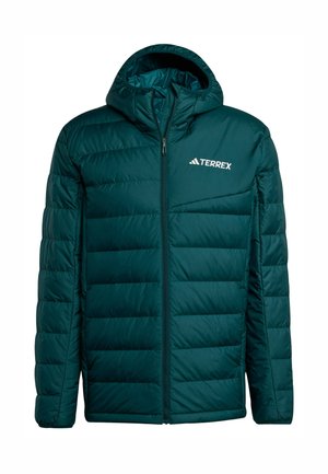 Türkis gepolsterte Jacke mit Kapuze, durchgehendem Frontreißverschluss und "TERREX"-Logo auf der linken Brust.