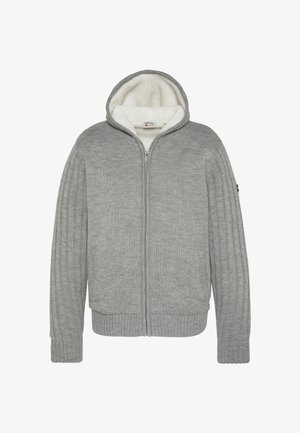 Felpa con zip grigia con design a coste, fodera morbida in pile e tasche a marsupio. Presenta un cappuccio e polsini a coste all'orlo e alle maniche.
