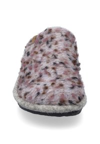 Wool slippers with a textured pink, brown, and black pattern; gray sole and lining; round toe design for comfort.
