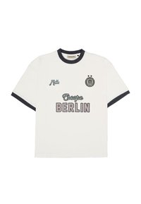 White short-sleeve T-shirt with black trim on collar and sleeves, featuring "Mitte," "Escape," "BERLIN," and a round emblem with two stars.