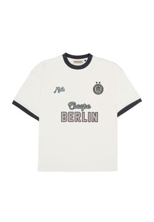 White short-sleeve T-shirt with black trim on collar and sleeves, featuring "Mitte," "Escape," "BERLIN," and a round emblem with two stars.
