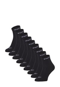Chaussettes noires en coton à motif côtelé avec le logo blanc "O'Neill" sur le bord. Ensemble de huit chaussettes alignées verticalement.