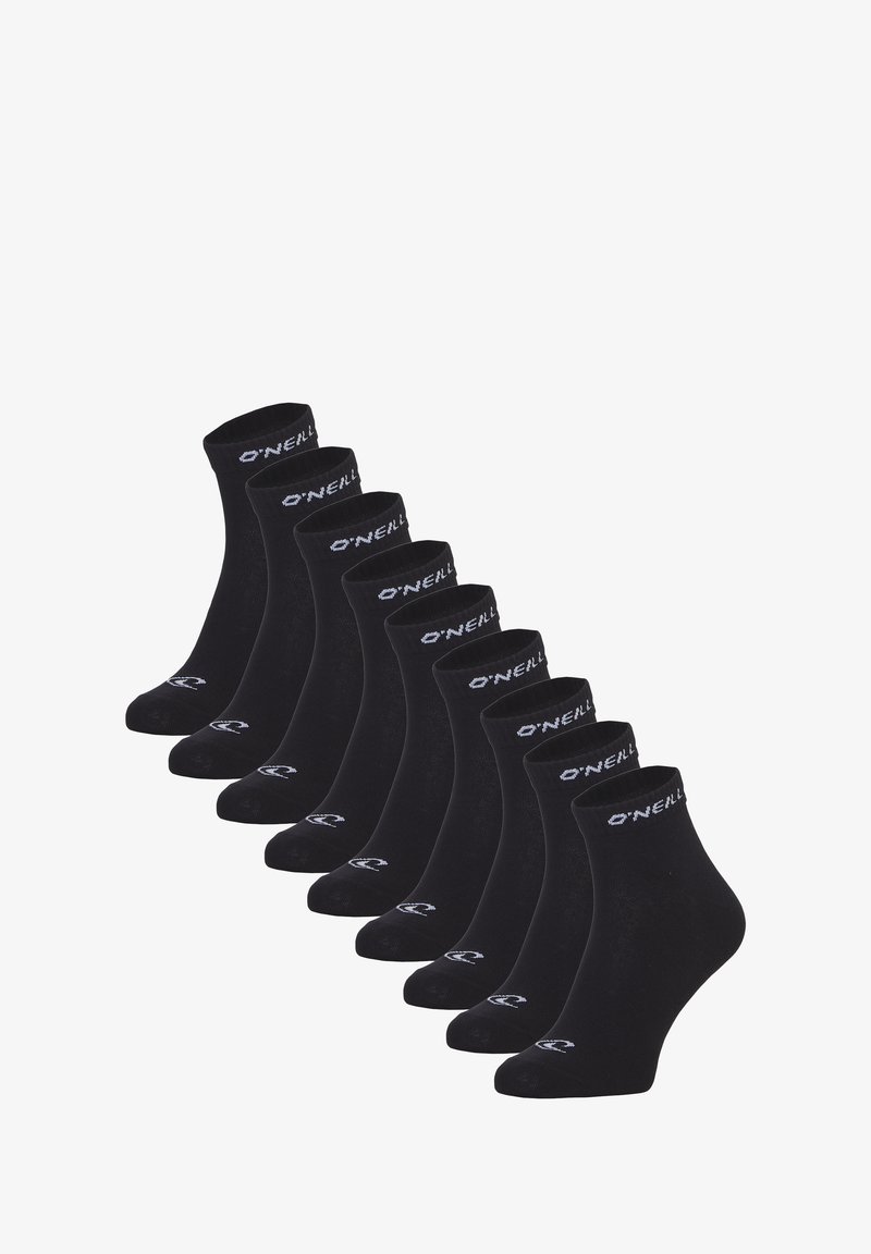 Schwarze Baumwollknöchelsocken mit geripptem Design und weißem "O'Neill"-Logo am Bund. Set aus acht Socken, vertikal angeordnet.