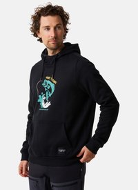 Hoodie noir avec un graphique à l'avant représentant un poisson et des vagues, fabriqué en tissu doux, avec une poche kangourou et des poignets côtelés.