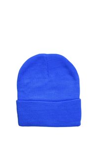 Berretto di maglia blu realizzato in un tessuto morbido e elastico. Parte superiore conica e risvolto piegato, che mette in evidenza una texture liscia e un colore vivace.