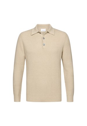 Beige gestrickter Pullover mit Kragen, Knopfleiste mit drei Knöpfen und langen Ärmeln. Mit gerippter Textur und geradem Saum.