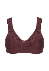 Bordeaux beha met een gladde stof, kanten accenten op de cups en een decoratieve strik in het midden. Breedere bandjes voor extra ondersteuning.