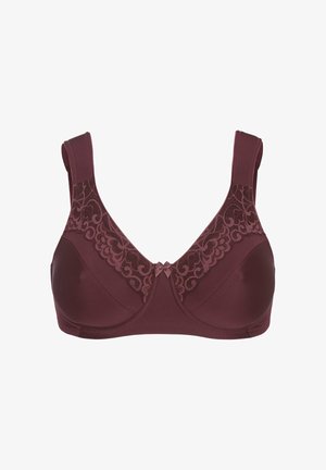 Bordeaux beha met een gladde stof, kanten accenten op de cups en een decoratieve strik in het midden. Breedere bandjes voor extra ondersteuning.