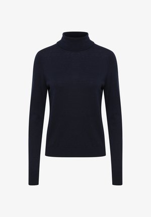 Marineblaues Rollkragensweatshirt mit langen Ärmeln, aus weichem Strickmaterial gefertigt. Verfügt über eine körpernahe Silhouette sowie gerippte Details am Kragen und Saum.