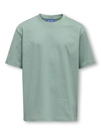 Lysegrøn bomulds T-shirt med rund halsudskæring og korte ærmer. Lige skåret kæde og minimal detaljer, hvilket giver et enkelt, afslappet look.