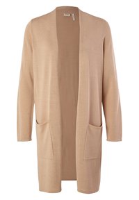 Beige lång cardigan i strukturerad stickad kvalitet, med öppen framsidan och två sidfickor, långa ärmar och utan knäppningar.