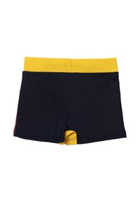 Marineblauwe zwembroek met een contrasterende gele tailleband. Beschikt over een eenvoudig ontwerp met platte naden en geen zichtbare hardware of patronen.