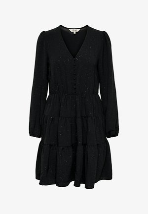 Mustavihreä kerroksellinen mekko, jossa on pitkät hihat, V-pääntie ja napitusyksityiskohtia. Valmistettu teksturoidusta kankaasta, jossa on hienovaraisia kimalteita.