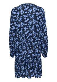 Robe bleu marine avec un motif floral bleu clair, manches longues, encolure ronde et un ourlet froncé en tiers. Tissu léger.