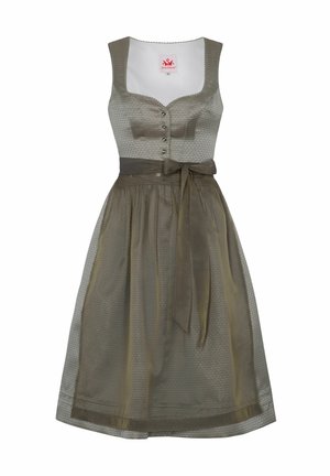 Olijfgroene jurk met mouwloos ontwerp, getailleerde taille, knoopdetails en een bijpassende tailleband; rok heeft een textuuroverlay.