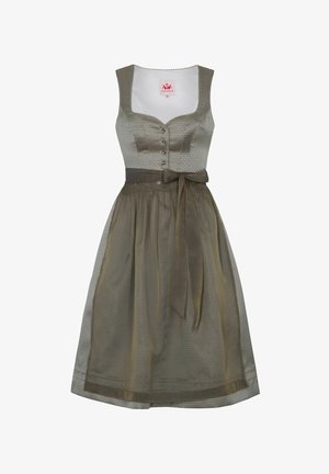 Robe vert olive avec un design sans manches, corsage ajusté, détails de boutons et une ceinture assortie ; la jupe présente un revêtement texturé.