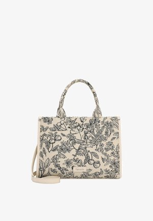 Bēša taisnstūra rokassoma ar melnu ziedu un augļu zīmējuma rakstu, dubultām rokturiem un noņemamu plecu siksnu.