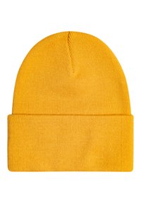 Żółta dziana czapka beanie z podwinięciem. Wykonana z miękkiego, elastycznego materiału, charakteryzująca się gładką fakturą i bezszwowym wierzchem.