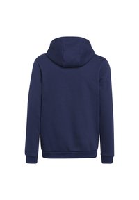 Felpa con cappuccio di colore blu navy, realizzata in materiale morbido. Presenta maniche lunghe, polsini a coste e orlo arrotondato. Design semplice, senza motivi visibili.