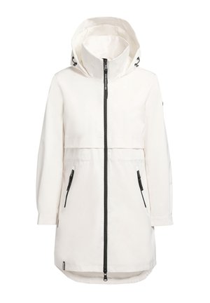 Bela vodoodporna parka z zategovanjem na kapuci, črnim zadrgo spredaj in dvema zadrgnjenima stranskima žepoma. Gladka tkanina z minimalističnim dizajnom.