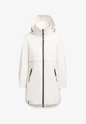 Bela vodoodporna parka z zategovanjem na kapuci, črnim zadrgo spredaj in dvema zadrgnjenima stranskima žepoma. Gladka tkanina z minimalističnim dizajnom.