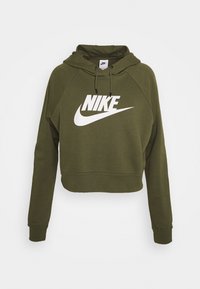 Olivově zelená zkrácená mikina s dlouhými rukávy, bílým logem "Nike" a stahovací kapucí. Měkká látka, žebrované manžety a lem.