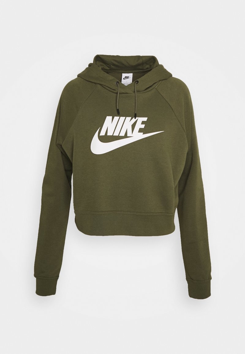 Olivově zelená zkrácená mikina s dlouhými rukávy, bílým logem "Nike" a stahovací kapucí. Měkká látka, žebrované manžety a lem.