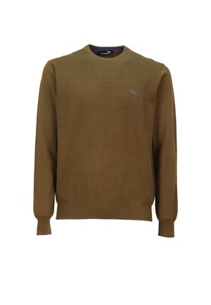 Maglione verde oliva in tessuto a maglia strutturata, con collo rotondo e polsini a costine. Piccolo logo blu sul lato sinistro del petto.