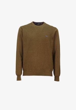 Oliven grøn sweater i struktureret strikstof med rund hals og ribbede manchetter. Lille blåt logo på den øverste venstre bryst.