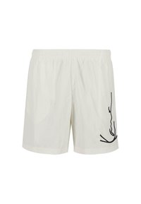 Shorts de bain couleur crème avec une taille élastique, présentant un dessin abstrait en ligne noire sur le côté gauche. Matériau léger et à séchage rapide.