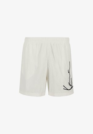Crème-kleurige zwemshorts met een elastische tailleband, voorzien van een zwarte abstracte lijntekening aan de linkerkant. Lichtgewicht en snel drogend materiaal.