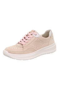 Rosa Wildledersneaker mit durchbrochenen Details, weißer Gummisohle und passenden rosa Schnürsenkeln. Verfügt über einen leichten Absatz und einen weißen Rückenakzent.