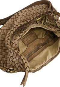 Woven tan leather handbag with a zip closure, inner pocket, and brass hardware. Features a smooth, soft interior lining.