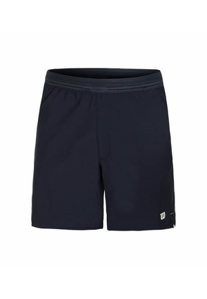 Shorts sportivi di colore blu navy scuro con vita elastica, foderatura in mesh e un piccolo logo bianco sul lato destro in basso. Tessuto dalla consistenza liscia.