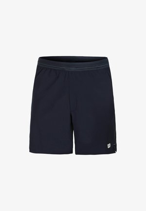 Dunkelmarineblaue Sportshorts mit einem elastischen Bund, Netzfutter und einem kleinen weißen Logo auf der unteren rechten Seite. Glatte Stofftextur.