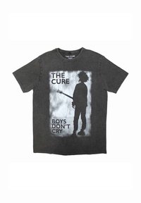 Black cotton t-shirt featuring a silhouette graphic of a musician holding a guitar with the text "The Cure" and "Boys Don't Cry."