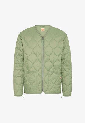 Gesteppte grüne Jacke mit Reißverschluss vorne, zwei Fronttaschen und rundem Ausschnitt. Hergestellt aus glattem, leichtem Material mit dezentem Glanz.