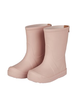 Pink rubber rain boots with a textured, ridged sole. Mid-calf height, smooth surface, and a loop at the back for easy wear.
