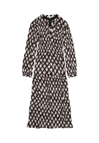 Robe à manches longues en noir et crème avec un motif en forme de diamant, dotée d'un décolleté en V et d'une taille élastique pour une silhouette ajustée.