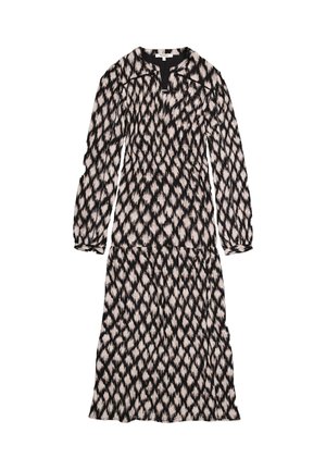 Robe à manches longues en noir et crème avec un motif en forme de diamant, dotée d'un décolleté en V et d'une taille élastique pour une silhouette ajustée.