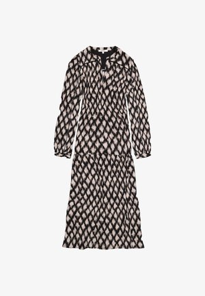 Langsleeve jurk in zwart en crême met een ruitvormig patroon, voorzien van een V-hals en een elastische taille voor een getailleerd silhouet.