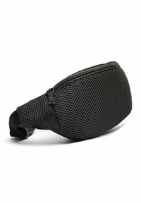 Black mesh fanny pack with a curved shape, zippered closure, and adjustable strap. Features textured surface and breathable material.