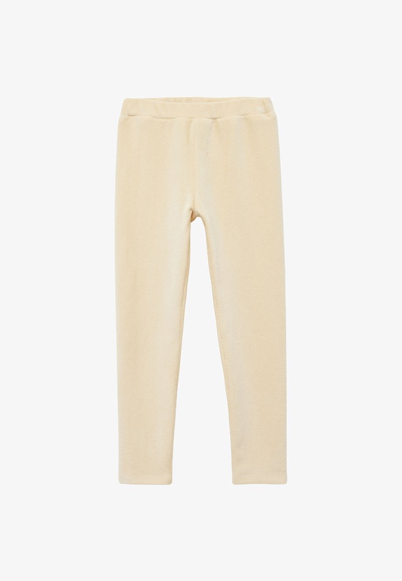 Leggings beige hechos de una tela suave, con un ajuste ceñido y cinturilla elástica, de textura lisa y diseño limpio. Sin patrones ni adornos.