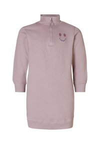Lyserød sweatshirtkjole med halv-zip krave, ribbede manchetter og broderet smiley-ansigt design med blomster og farverige accenter.