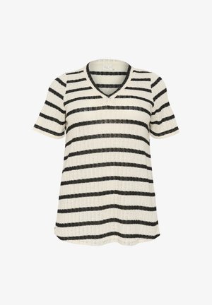 Lühikeste varrukatega V-kaelusega pluus kreemjas värvuses mustade horisontaalsete triipudega. Valmistatud tekstuurilisest kudumist, omab mugavat lõiget.