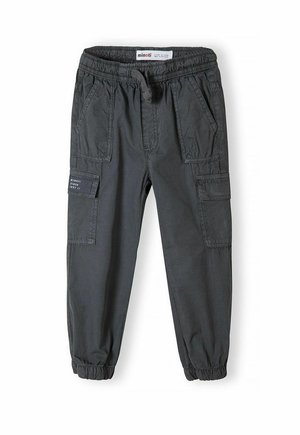 Cargo pants in dark gray cotton fabric, featuring an elastic waistband, cuffed ankles, multiple pockets, and a small logo patch.