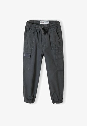 Spodnie cargo w ciemnoszarym kolorze z bawełny, z elastycznym pasem, mankietami na kostkach, wieloma kieszeniami i małą naszywką z logo.