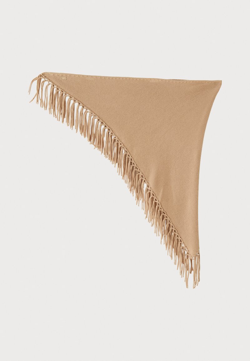 Beige kolmnurkne sall, mis on valmistatud pehmest kangast, millel on pitsilised ääred tekstuuri ja detailide jaoks. Sile pind koos lihtsa ja elegantse disainiga.